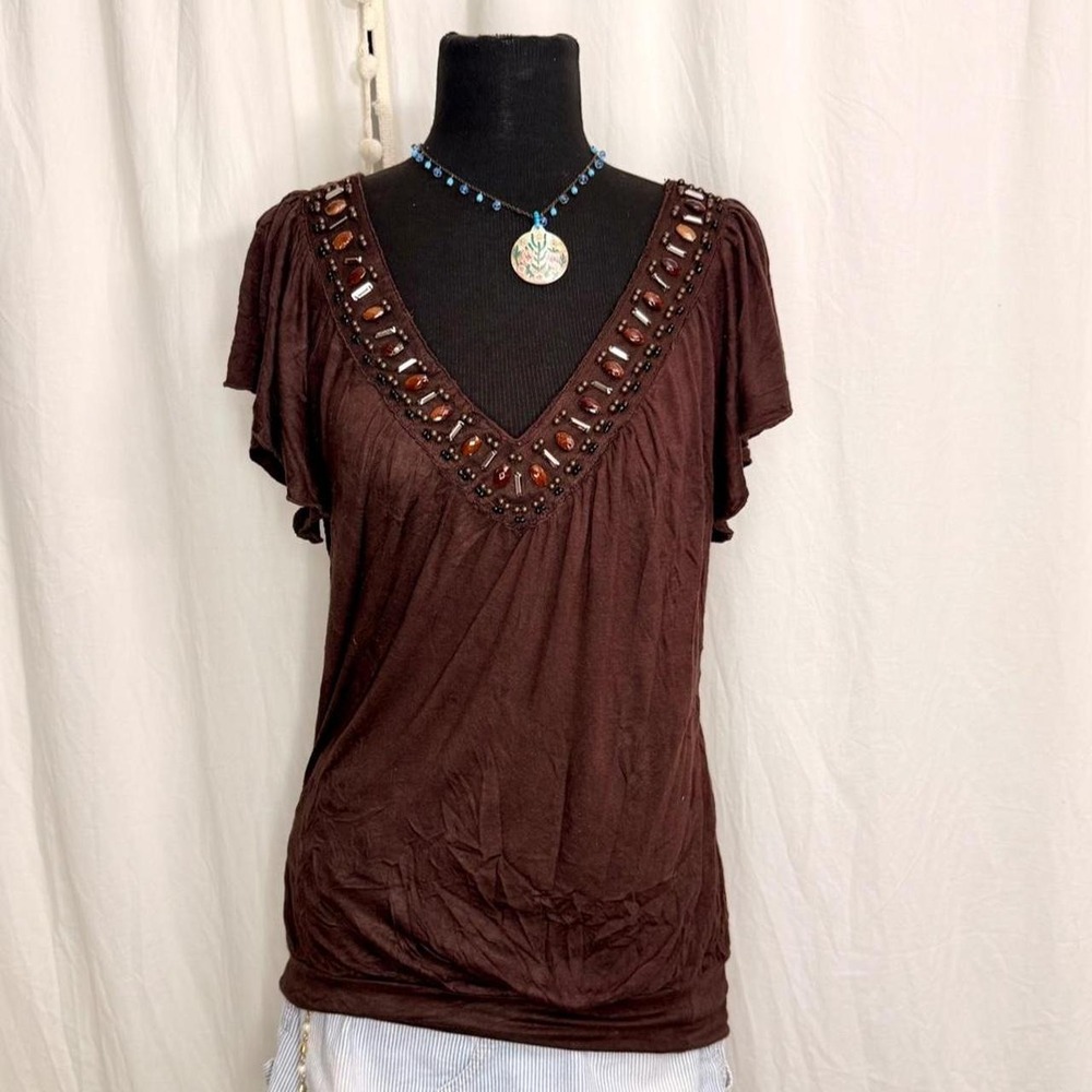 Wrapper Y2K Brown Beaded Embellished Bubble Hem Boho Top Size M